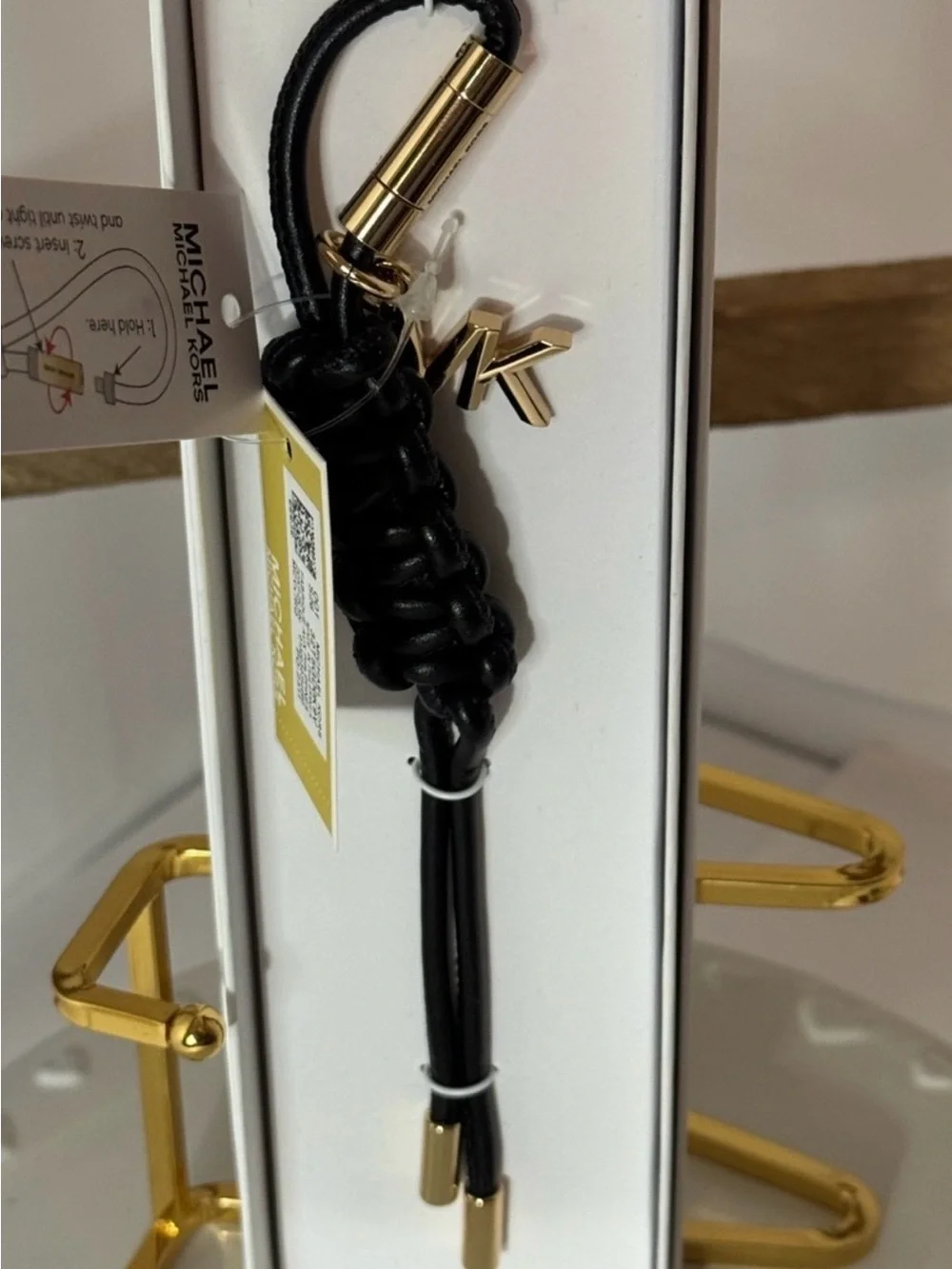 Michael Kors NWT Black & Gold Braided Leather Bag Charm